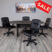 Flash Furniture BLN-6GCGRYX000-BK-GG 5 Piece Rustic Gray Oval Conference Table Set with 4 Black LeatherSoft-Padded Task Chairs